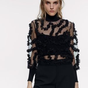 ZARA BLACK CONTRASTING SEMI-SHEER TOP Sz S